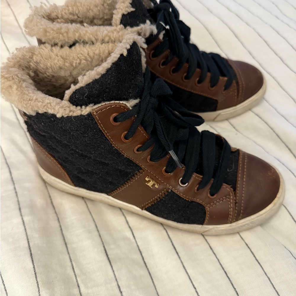 Tory Burch Sherpa Lined Black and Brown High-Top Sneakers